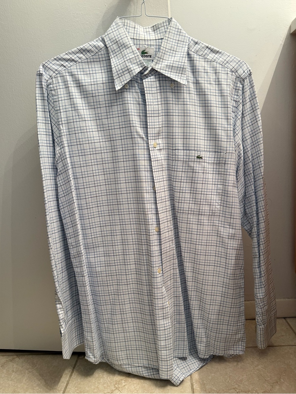 Lacoste Men’s White Dress Shirt with Blue Check Pattern